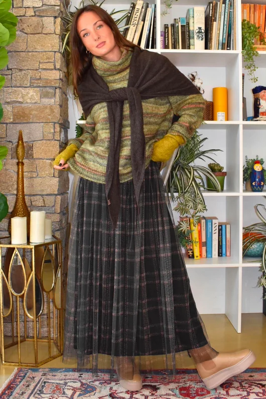 Enid Plaid Tulle Midi Skirt Khaki